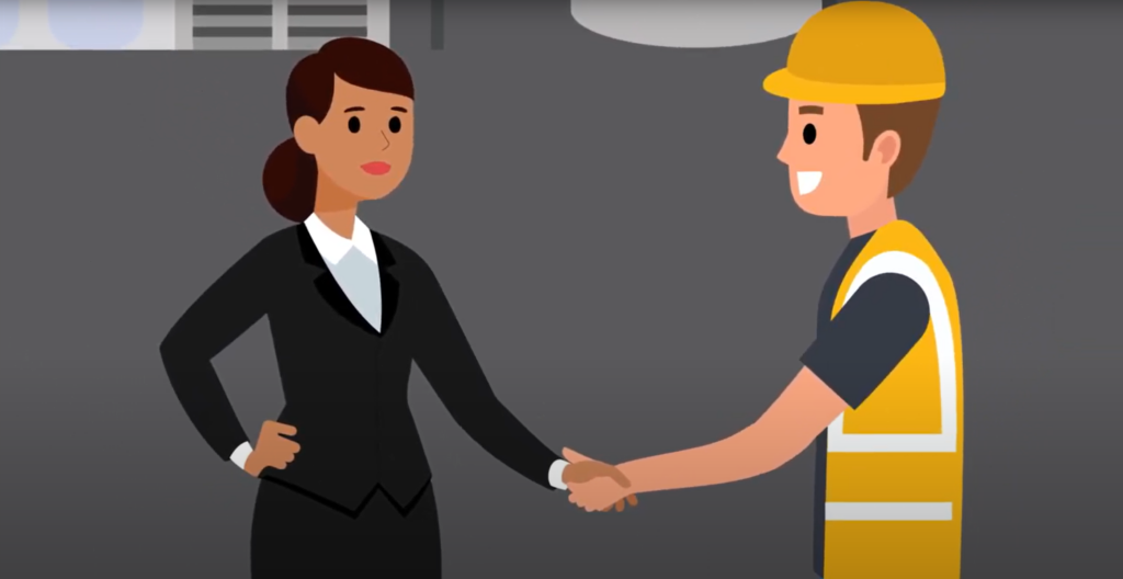 A vector graphic still of a woman and utility worker shaking hands.