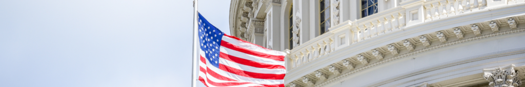 American flag blowing in the wind in front of U.S. Capitol.